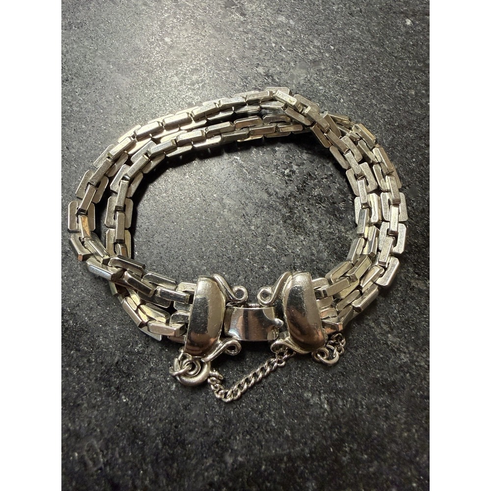 Vintage Signed KRAMER Silver Tone Multi Strand Gate Link Bracelet 7" Mid Century